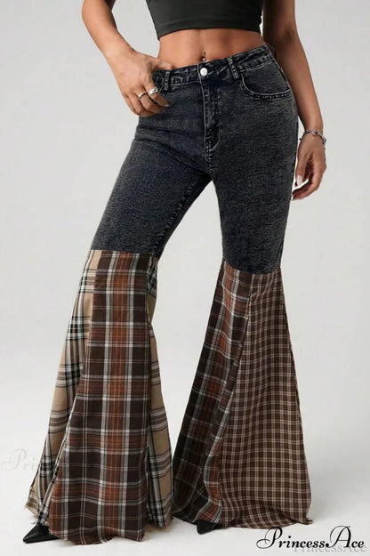 Plaid Patchwork Flared Denim High Waist Jeans