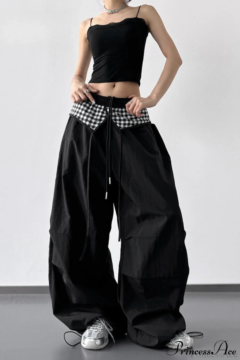 Plaid Pleated Layering Parachute Pants