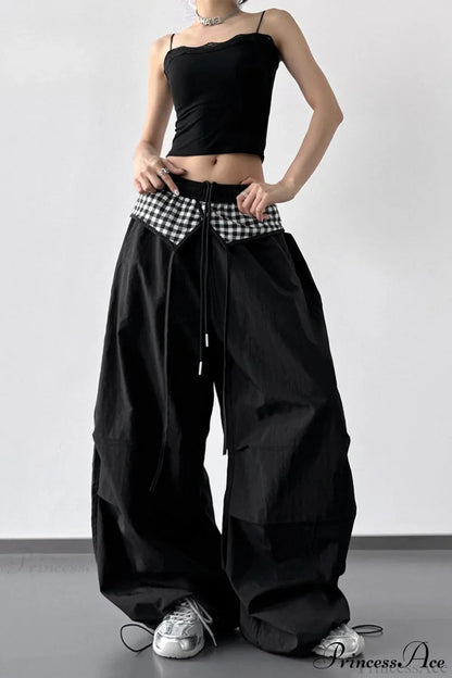 Plaid Pleated Layering Parachute Pants