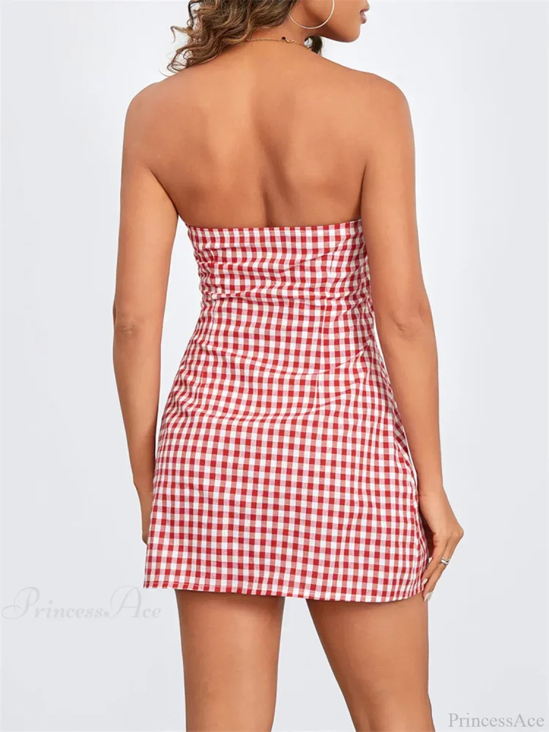 Gingham Check Strapless Keyhole Tie Front Ruched Bust Bodycon Mini Dress