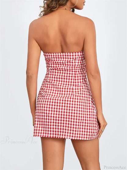 Gingham Check Strapless Keyhole Tie Front Ruched Bust Bodycon Mini Dress