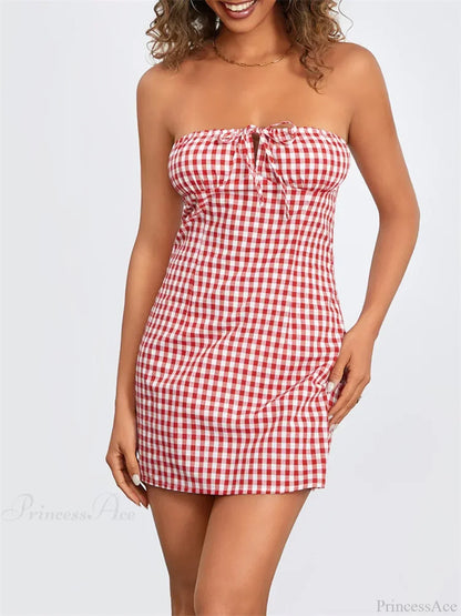 Gingham Check Strapless Keyhole Tie Front Ruched Bust Bodycon Mini Dress