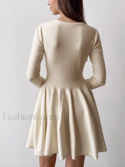 Plain Pleated Sweater Short Dress