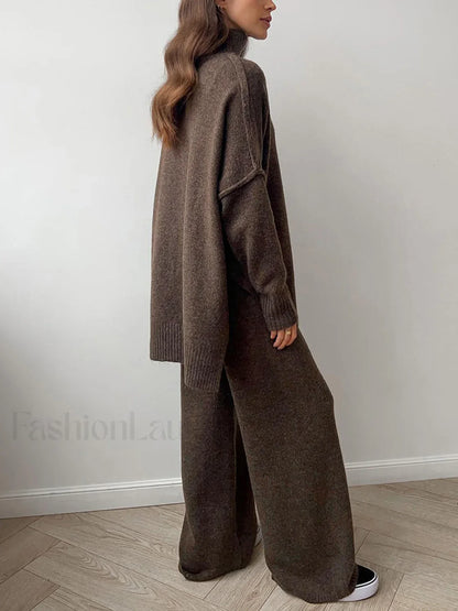 Plain Turtleneck Knit Pants Two Piece Set