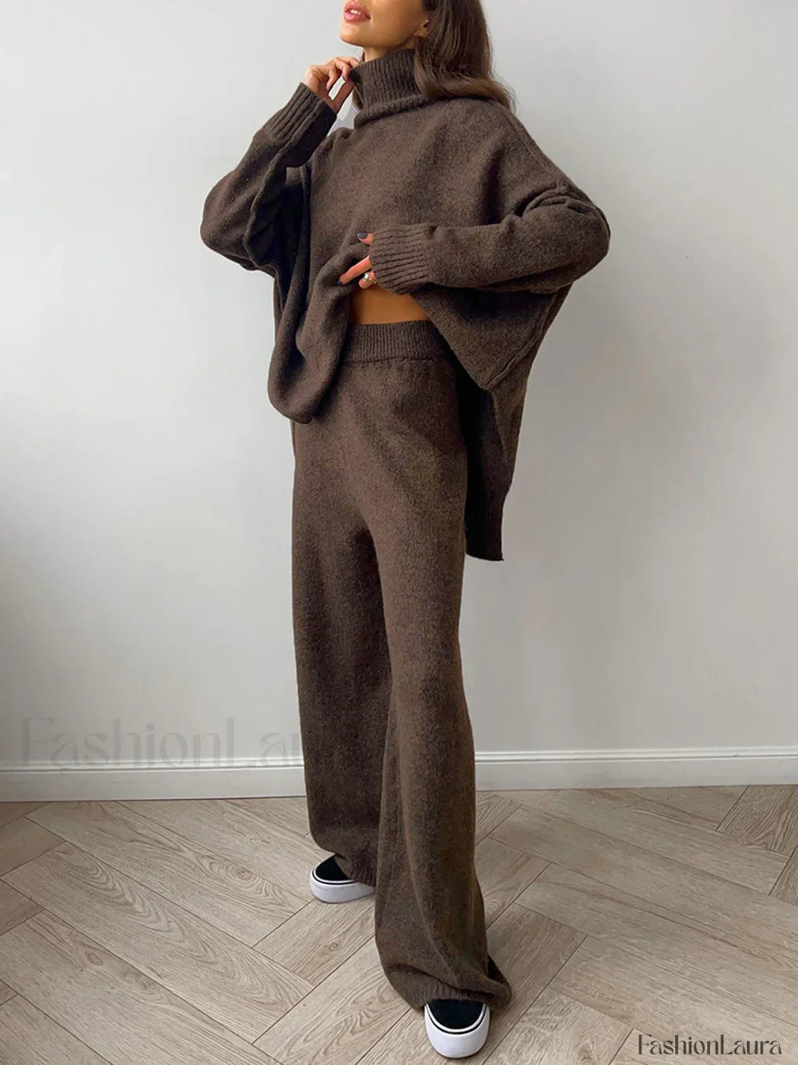 Plain Turtleneck Knit Pants Two Piece Set