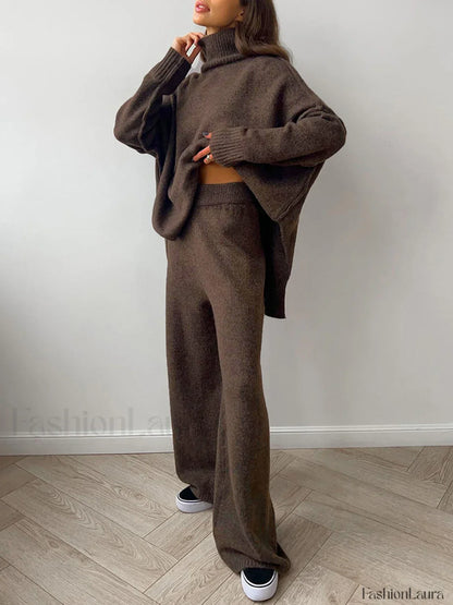 Plain Turtleneck Knit Pants Two Piece Set