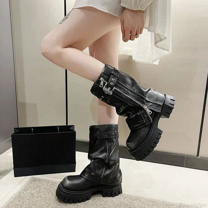 Platform Crease Knee High Gothic Belt Clasp Boot