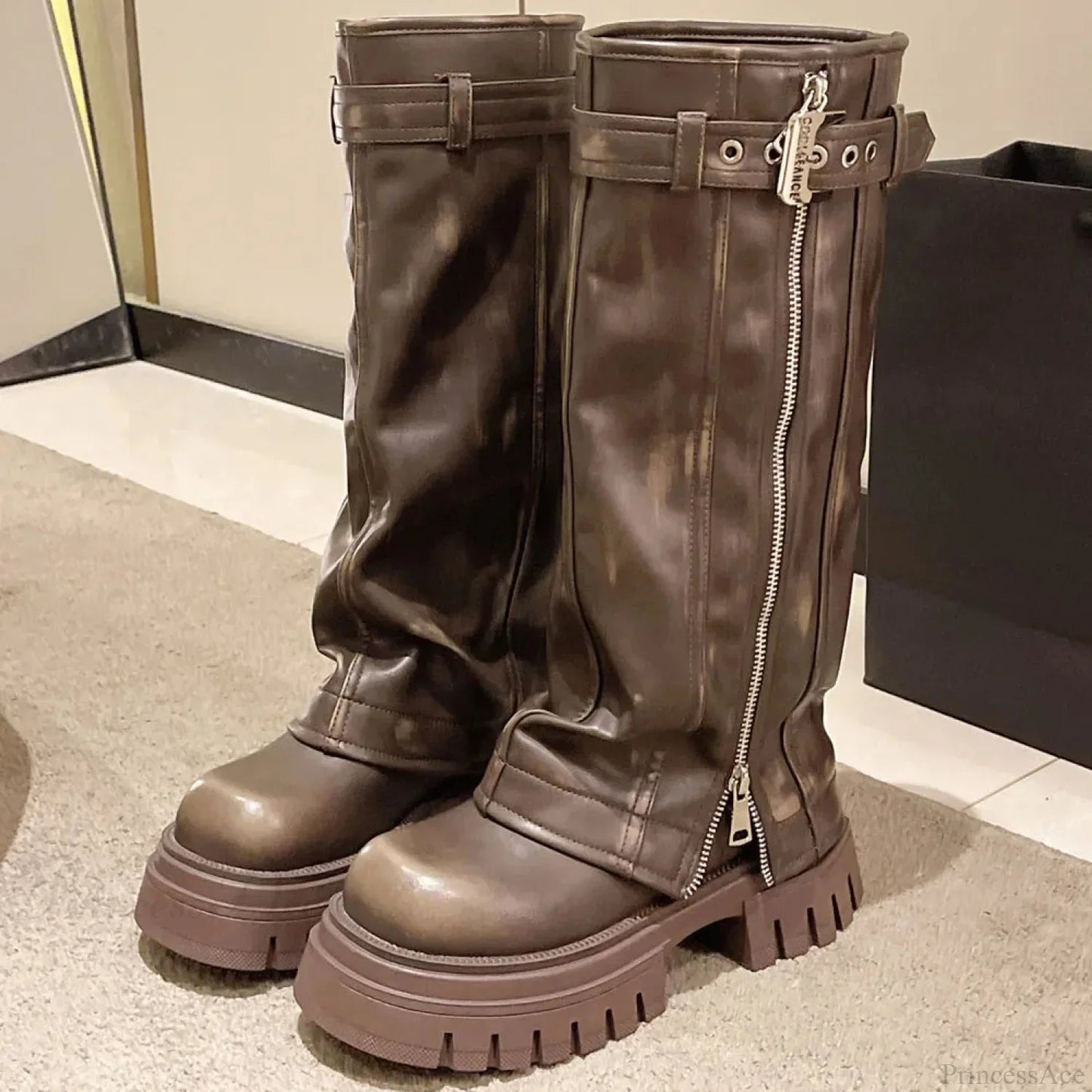 Platform Crease Knee High Gothic Belt Clasp Boot