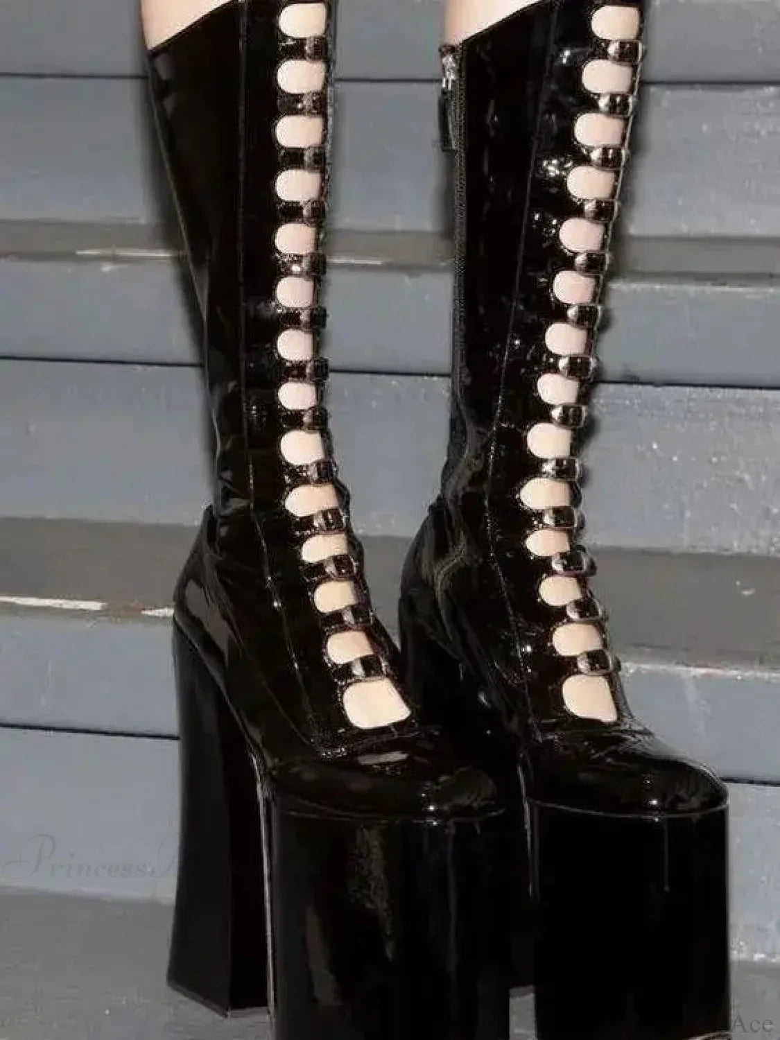 Platform Patent Leather Gothic Buckle Tall Boot