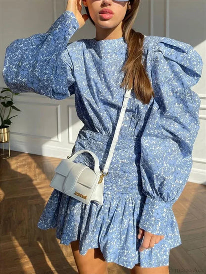 Floral Print Crew Neck Puff Sleeve Ruched Waist Tiered Ruffle Mini Dress