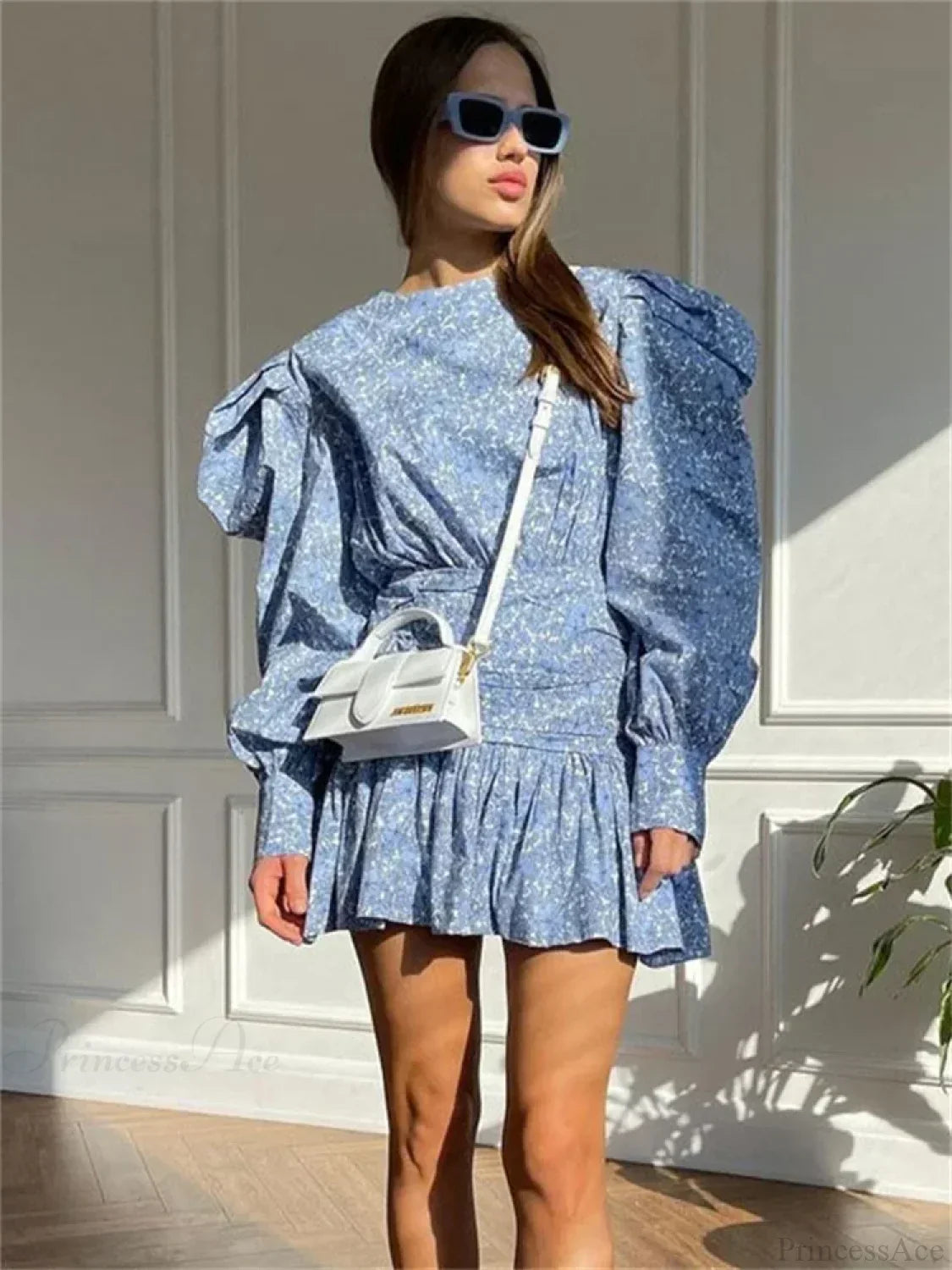Floral Print Crew Neck Puff Sleeve Ruched Waist Tiered Ruffle Mini Dress