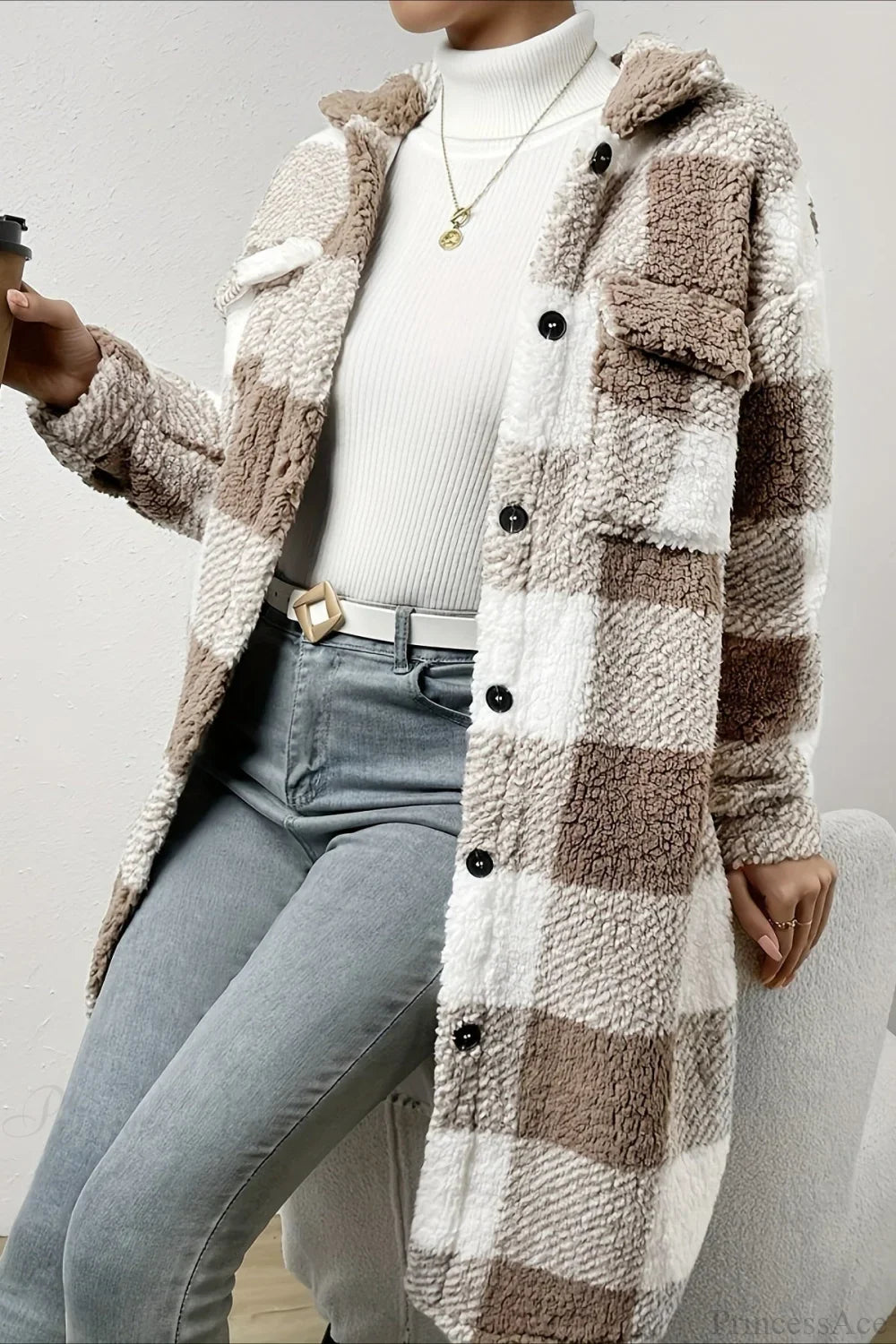 Plush Plaid Button Front Wide Lapel Relaxed Overcoat