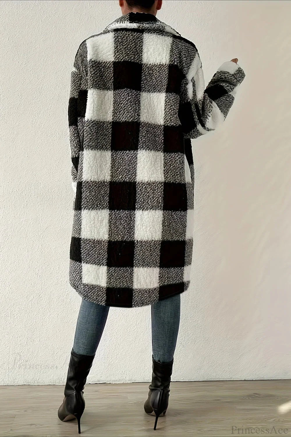 Plush Plaid Button Front Wide Lapel Relaxed Overcoat
