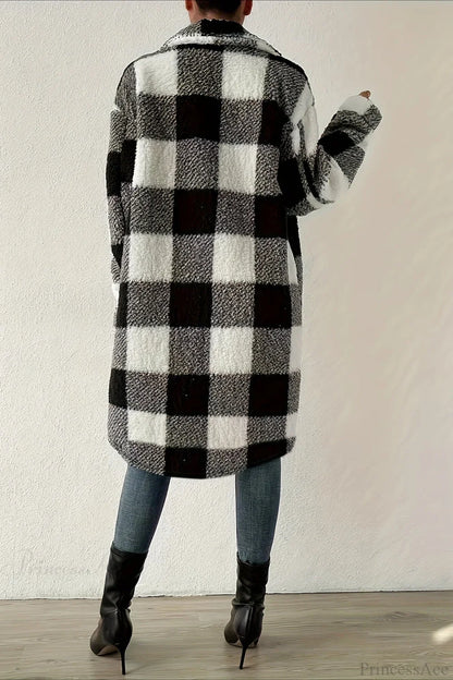 Plush Plaid Button Front Wide Lapel Relaxed Overcoat