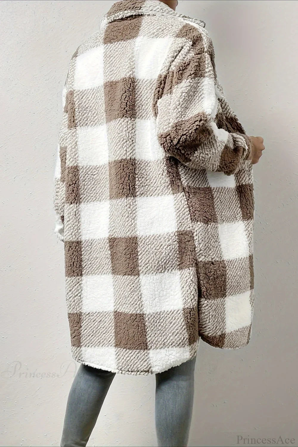 Plush Plaid Button Front Wide Lapel Relaxed Overcoat