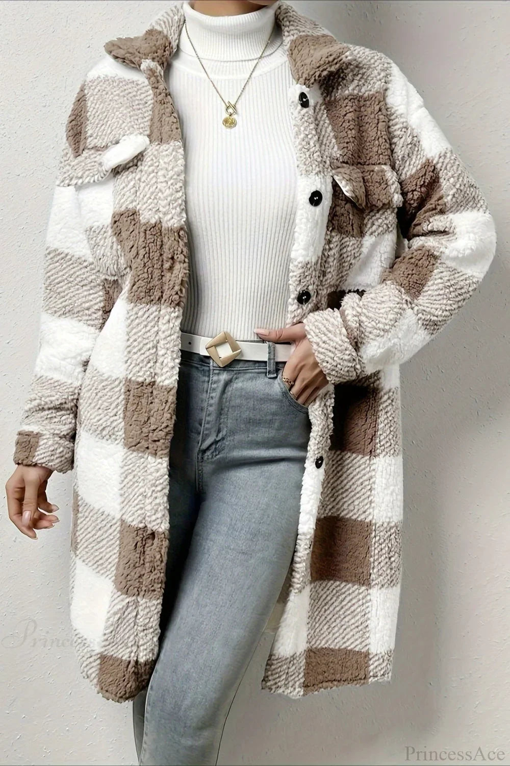 Plush Plaid Button Front Wide Lapel Relaxed Overcoat