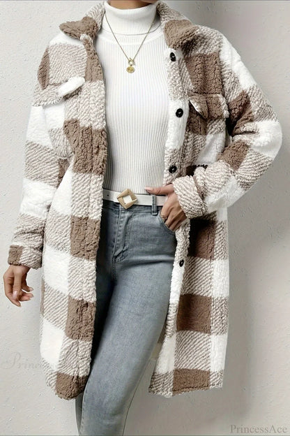 Plush Plaid Button Front Wide Lapel Relaxed Overcoat