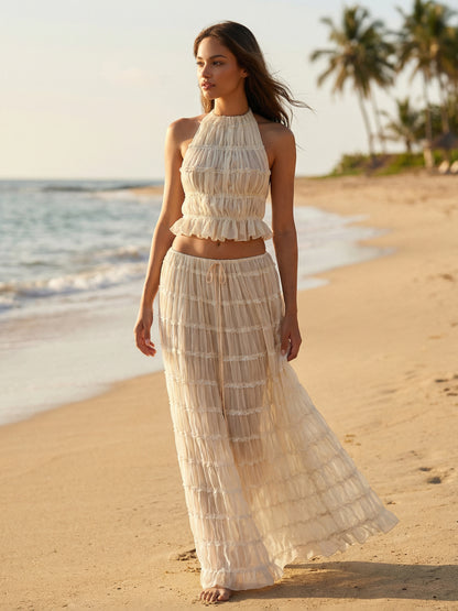 Textured Halter Neck Crop Top And Long Skirt 2 Piece Co-ord Set For Beach 2026