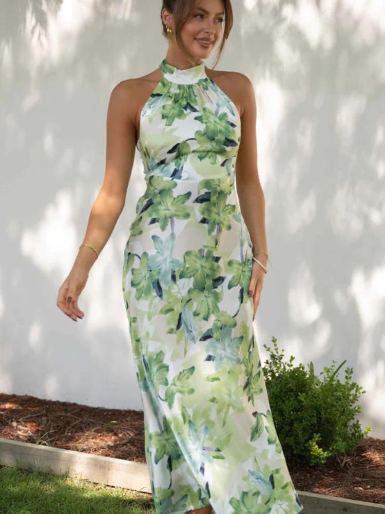 Satin Floral Print Halter Mock Neck Tie Back Maxi Dress