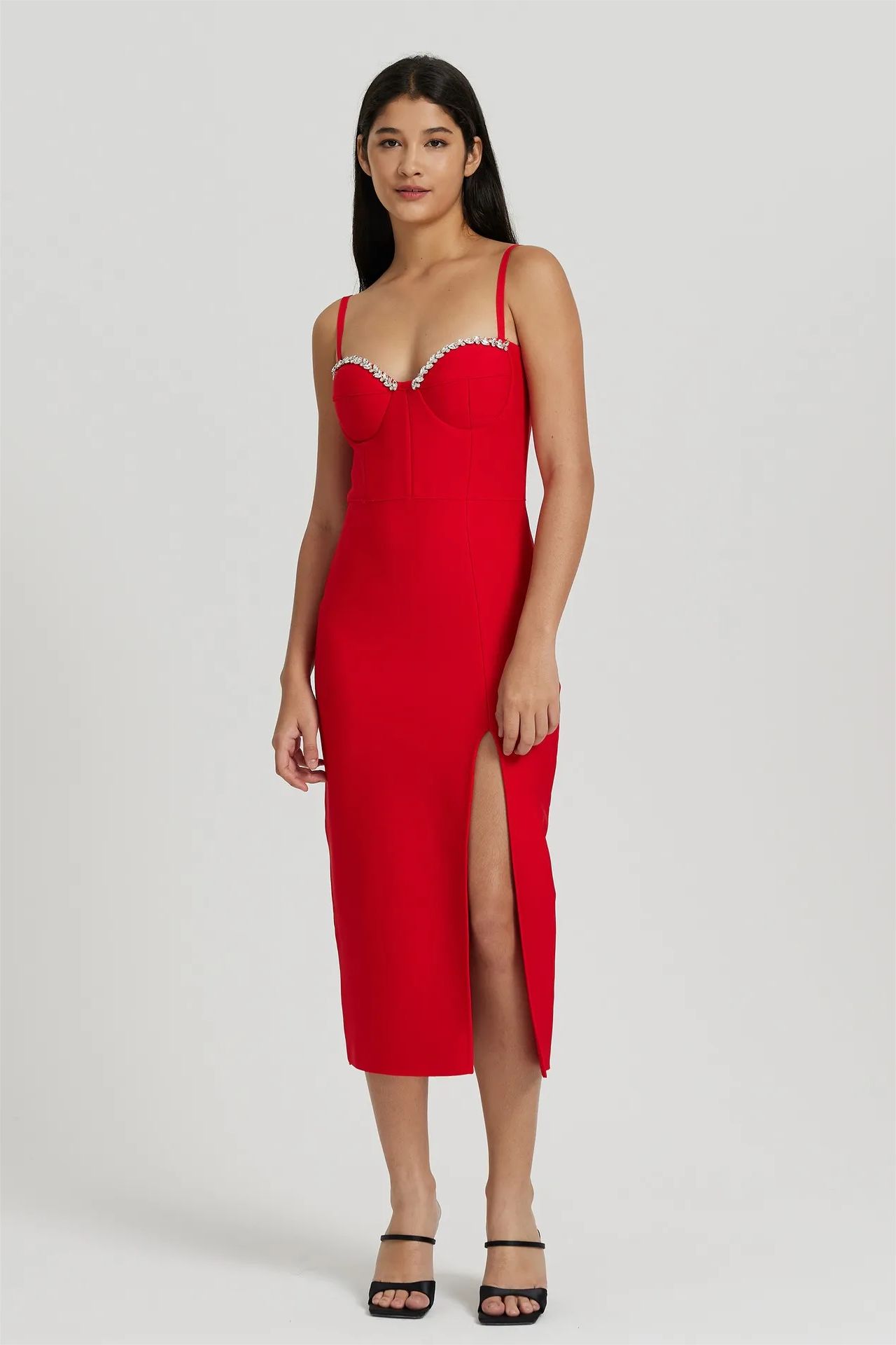 Knit Rhinestone Split Strapless Midi Dress