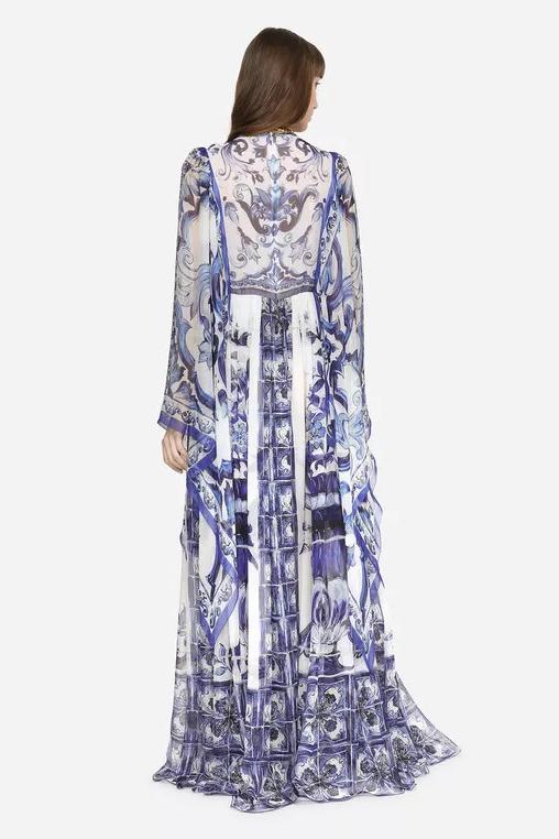 Printed Flared Sleeve Crew Collar Maxi Dress Blue