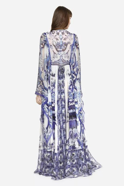 Printed Flared Sleeve Crew Collar Maxi Dress Blue