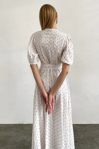 Heart Print Puff Sleeve Wrap Midi Dress