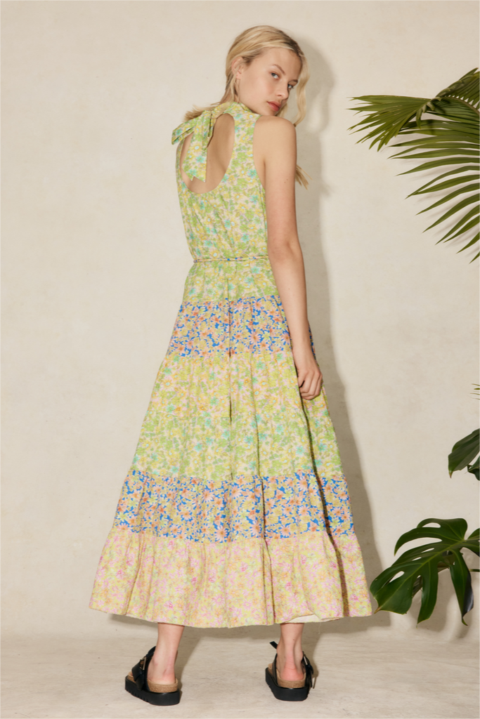 Floral Stand Collar Sleeveless Midi Dress