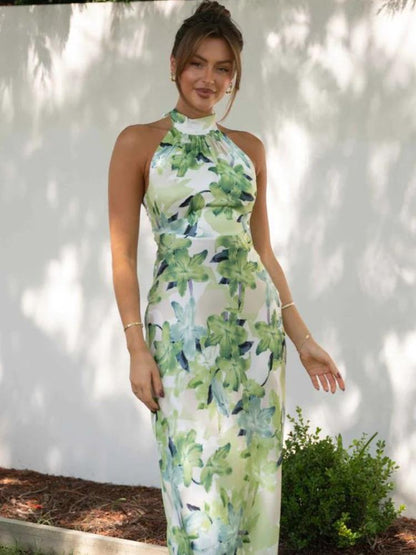 Satin Floral Print Halter Mock Neck Tie Back Maxi Dress