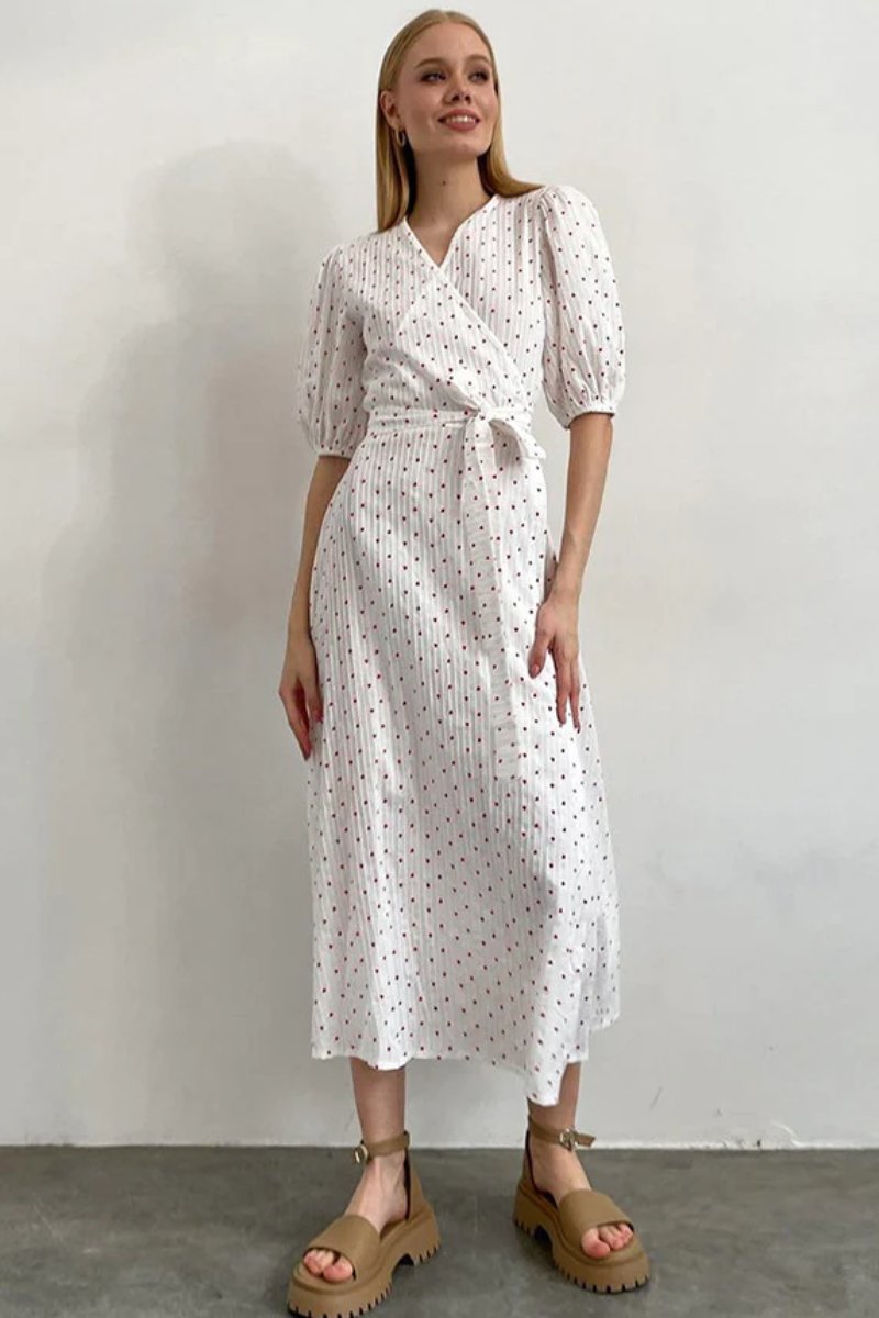 Heart Print Puff Sleeve Wrap Midi Dress