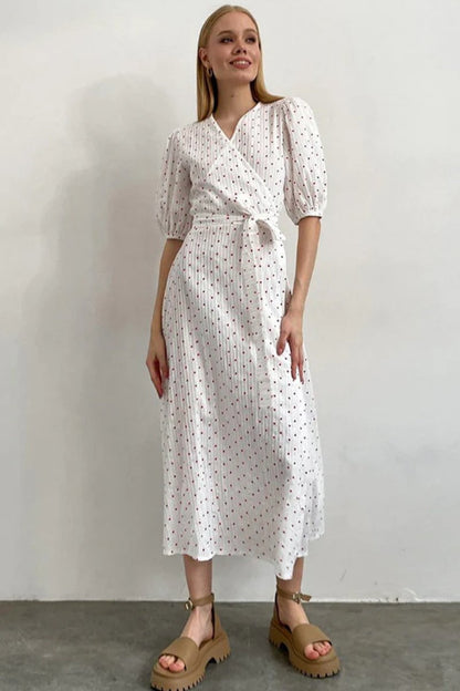 Heart Print Puff Sleeve Wrap Midi Dress