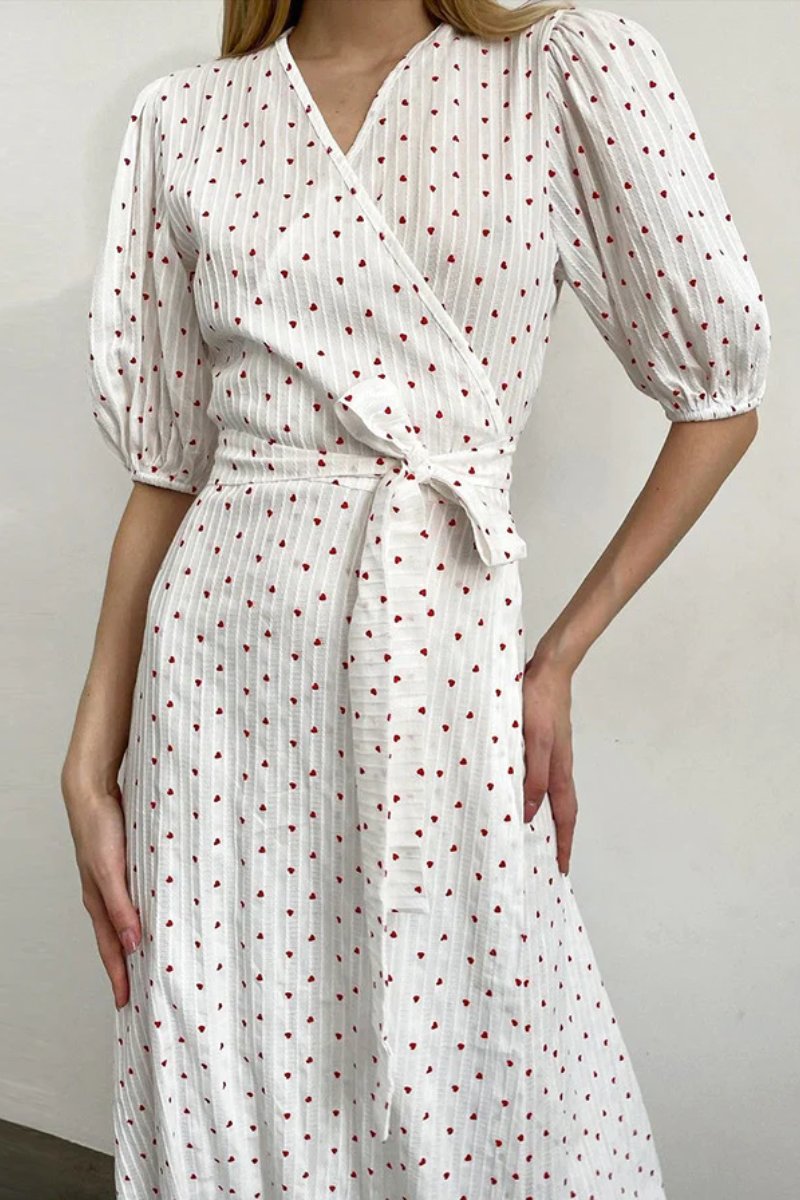 Heart Print Puff Sleeve Wrap Midi Dress