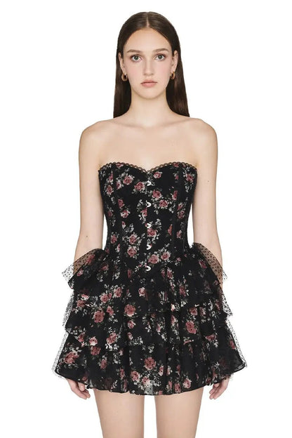 Floral Lace Polka Dot Mesh Corset Mini Dress