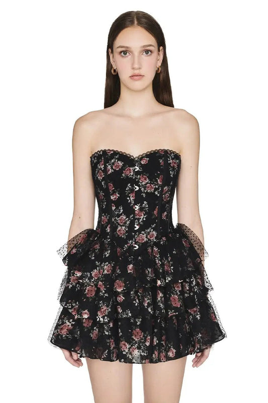 Floral Lace Polka Dot Mesh Corset Mini Dress
