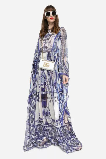 Printed Flared Sleeve Crew Collar Maxi Dress Blue