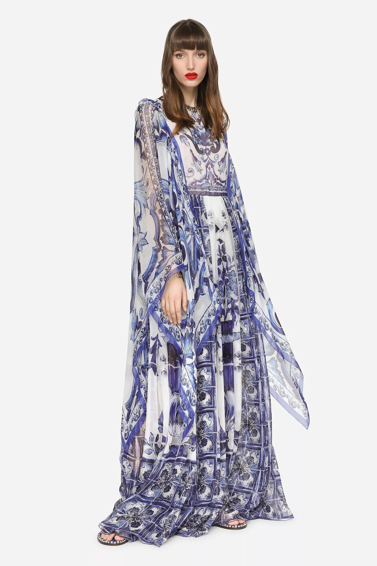 Printed Flared Sleeve Crew Collar Maxi Dress Blue