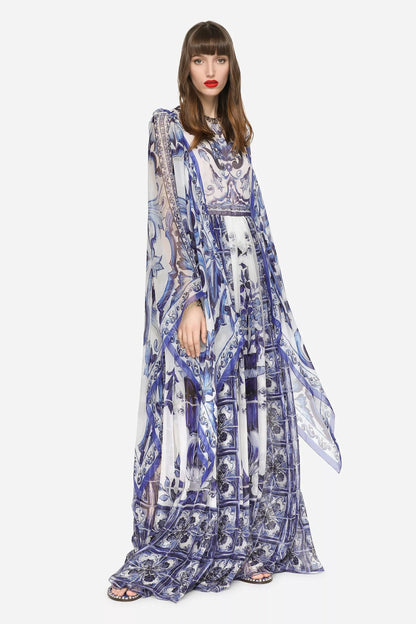 Printed Flared Sleeve Crew Collar Maxi Dress Blue