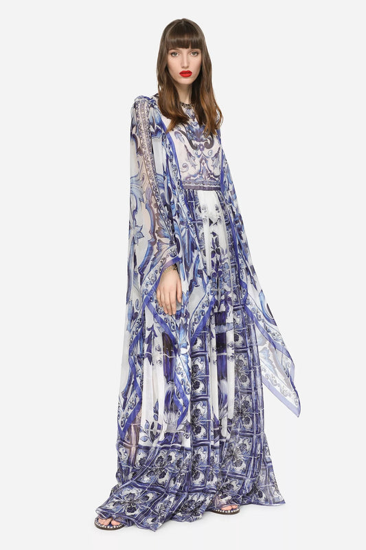Printed Flared Sleeve Crew Collar Maxi Dress Blue