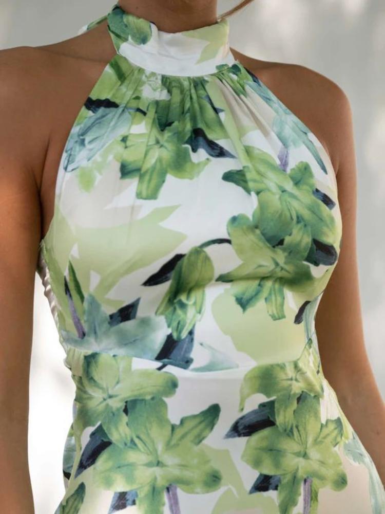 Satin Floral Print Halter Mock Neck Tie Back Maxi Dress