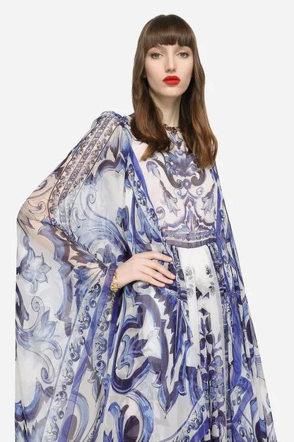 Printed Flared Sleeve Crew Collar Maxi Dress Blue