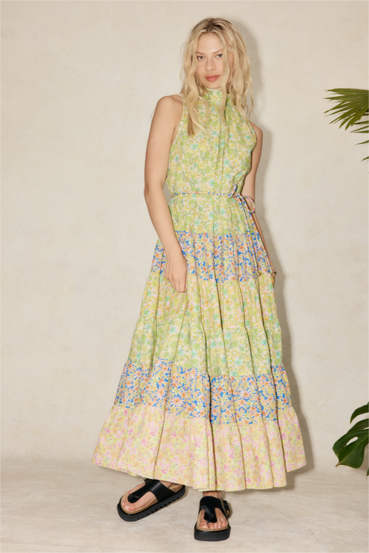 Floral Stand Collar Sleeveless Midi Dress