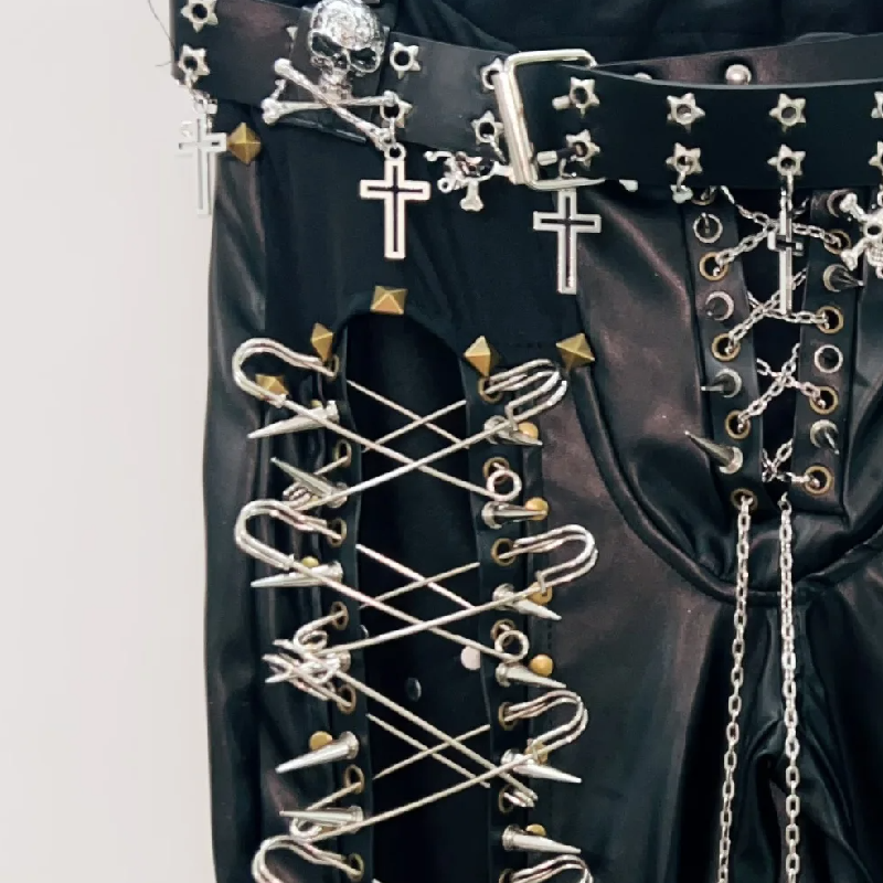 Lace up metal chain hollow out skull applique pant