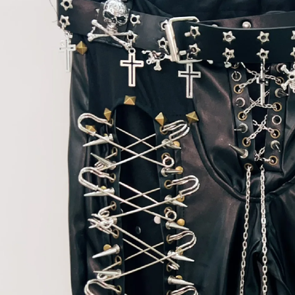 Lace up metal chain hollow out skull applique pant