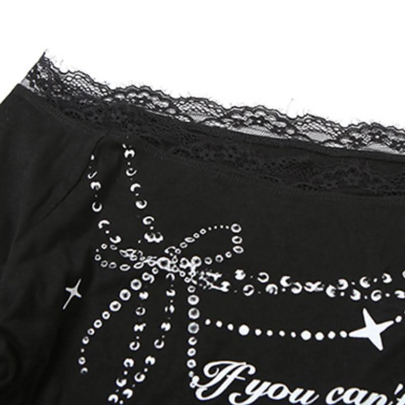 Long sleeve off shoulder lace hem print self tie top