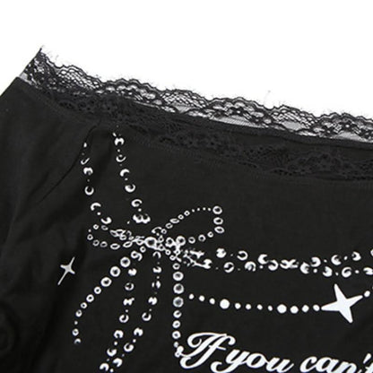 Long sleeve off shoulder lace hem print self tie top
