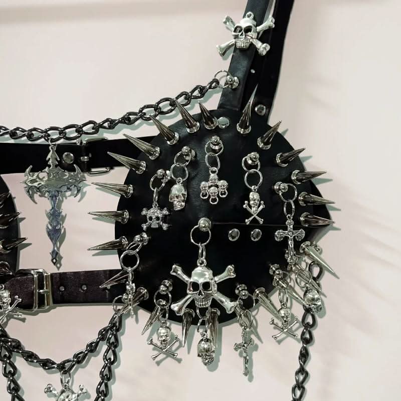Metal chain rivet skull applique buckle cami top