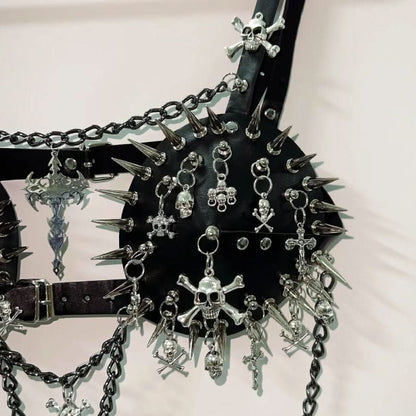Metal chain rivet skull applique buckle cami top