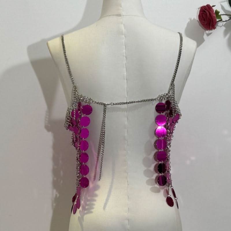 Glitter metal chain hollow out square neck cami cut out top