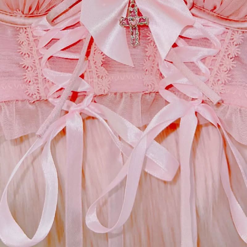 Bowknot lace up lace hem v neck cami top