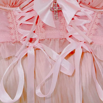 Bowknot lace up lace hem v neck cami top